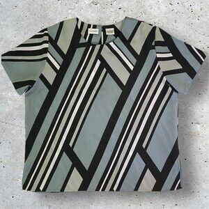 Liz Baker Geometric Striped Short Sleeve Top 1X Keyhole Neck Semi Sheer